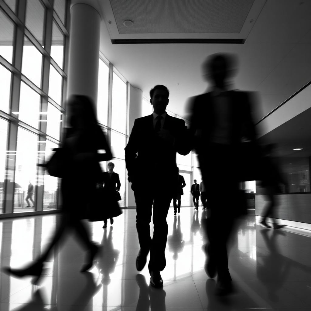 Equipo ejecutivo caminando en pasillo corporativo
